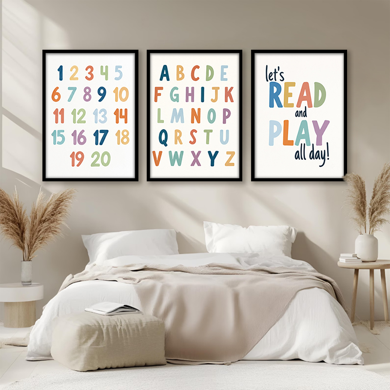 Kids Education Quote - Regenboog ABC-nummers canvas wandkunstset Kleurrijk alfabet