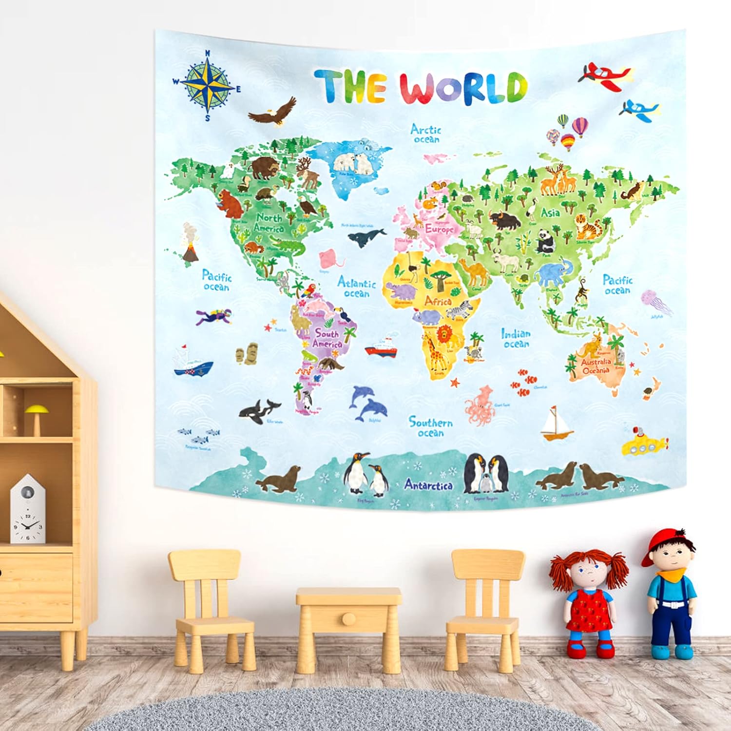 Kids Education World - Kinderwereldkaart Wandtapijt Educatieve Aardrijkskunde Kunst Kinderkamer